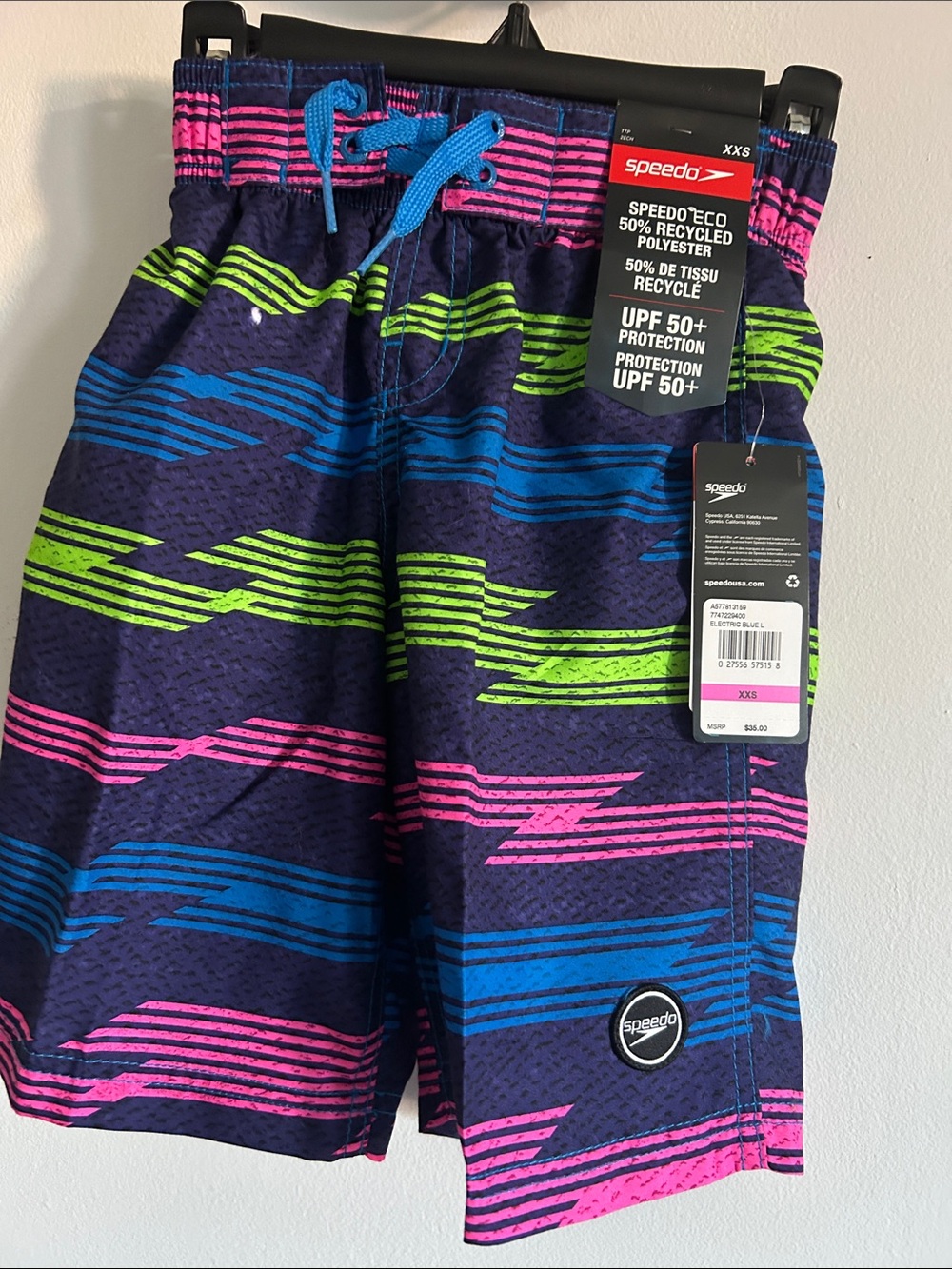 NWT Speedo Boys Navy Swim Trunks with Blue, Pink & Lime Stripes